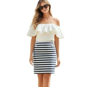 ANN TAYLOR Coastal Linen Blend Striped Pencil Skirt High Rise Navy White Size 4